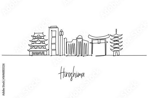 Hiroshima city skyline in Japan as a one line drawing, uniting torii gate, Peace Dome, castle and modern blocks in a calm cityscape concept honoring heritage, remembrance, travel, and resilient life.