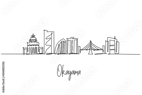 Okayama city skyline in Japan as a continuous line drawing, with Okayama Castle, Korakuen and bridges, a tranquil cityscape concept honoring garden culture, Chugoku heritage, travel, and urban life.