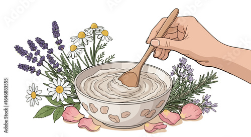 Hand stirring a creamy herbal face mask with various flowers and herbs.