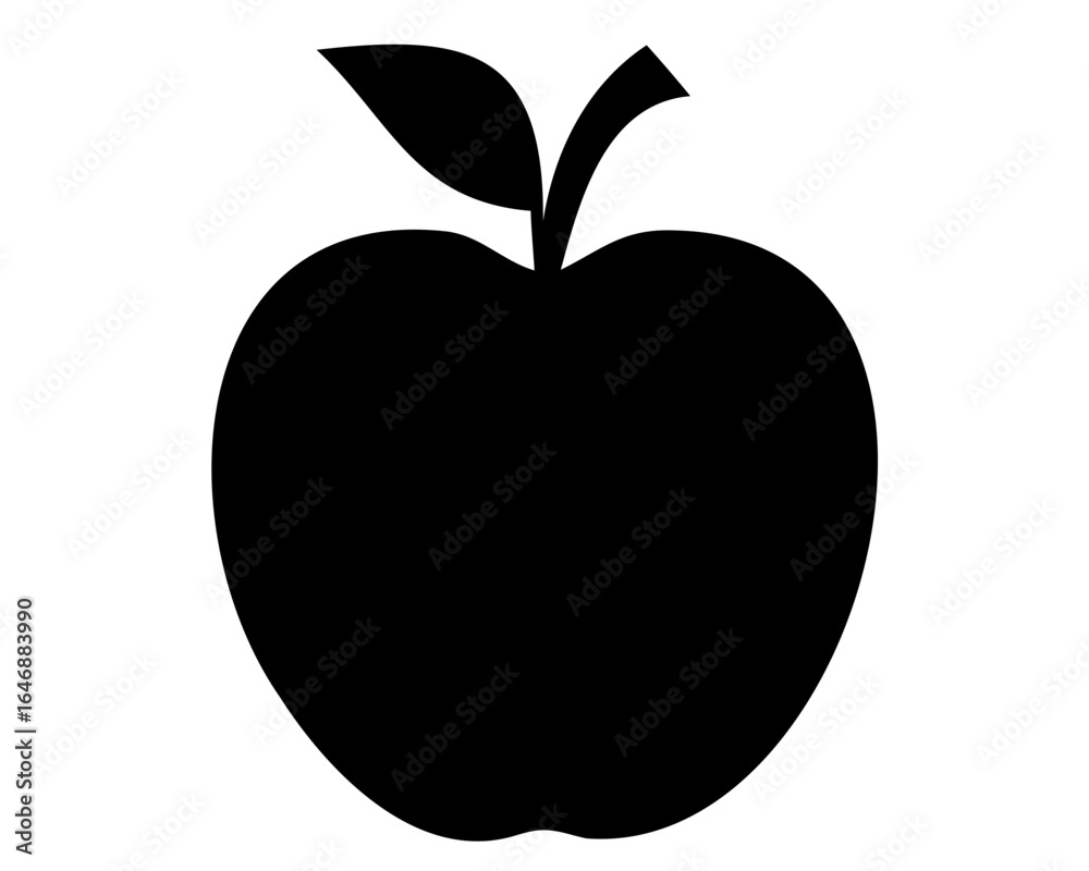 Fototapeta premium Stylized black silhouette of an apple with leaf and stem on white