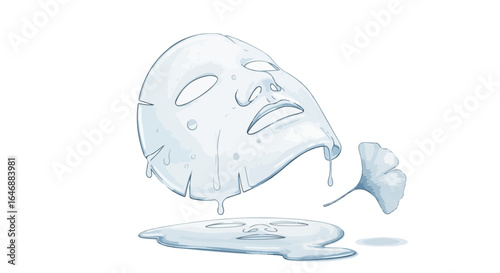 A hydrating sheet mask illustration with dripping essence and a ginkgo leaf, symbolizing a moisturizing facial spa treatment.