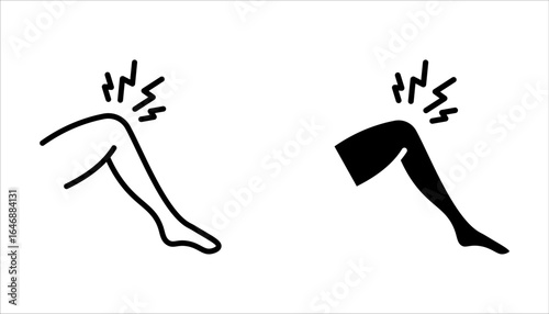 Pain in knee Thin line icon set. Legs with joint pain on white background