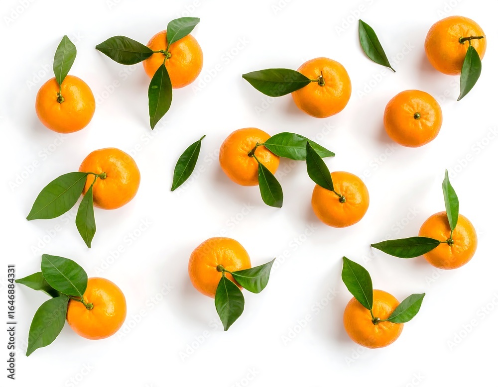 Obraz premium Fresh tangerines with leaves on white background