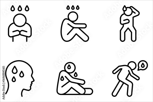 Sweating man icon set. Cold sweat. Worrying and nervous person. Anxiety and stress. icon symbol on white background