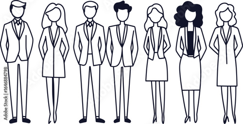 Modern illustration featuring business people in a continuous line drawing, showcasing a gentle yet confident stance in a minimalist design