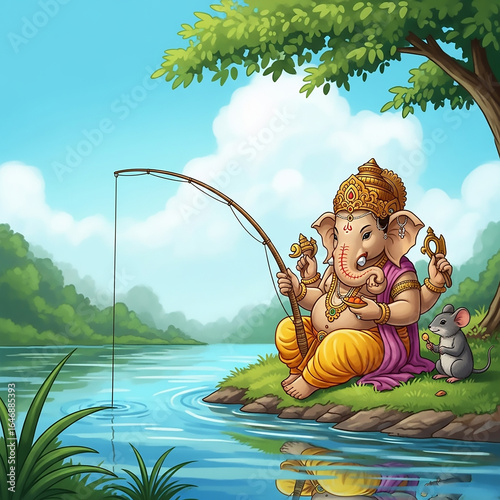 Cute Lord Ganesha Fishing b...