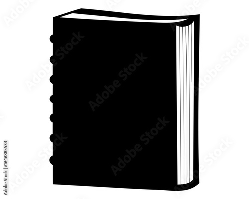 An illustrated black hardcover book on a white background is depicted