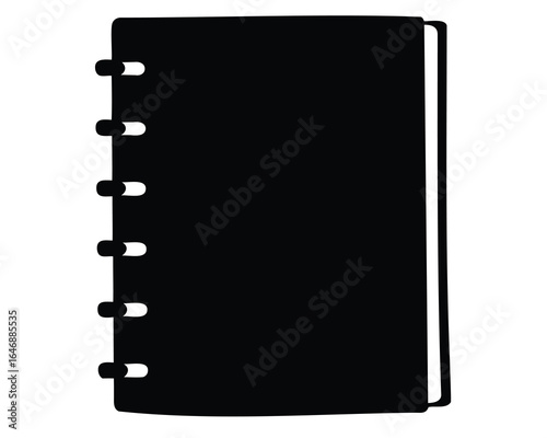 Black and white illustration of a notebook with binding rings to the side