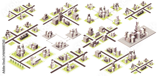 Isometric city map with roads buildings and green areas for urban design projects