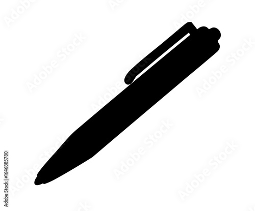 Black silhouette illustration of a typical ballpoint pen on a white background