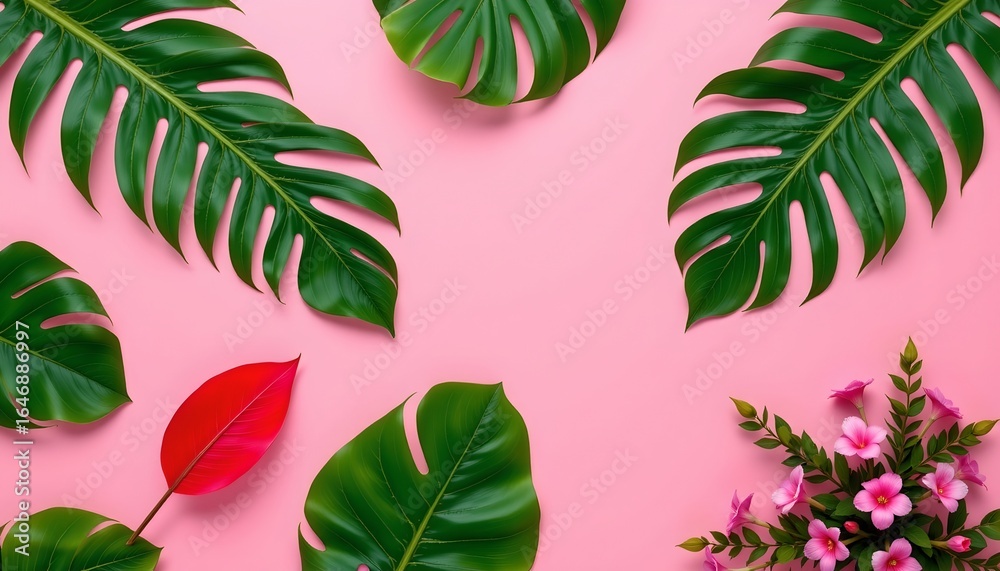 Obraz premium Tropical Leaves and Flowers Pink Background