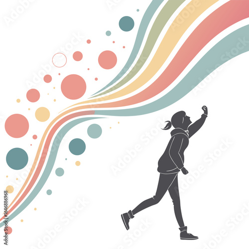 Silhouette of a girl running towards colorful wavy lines and circles symbolizing aspiration and achievement