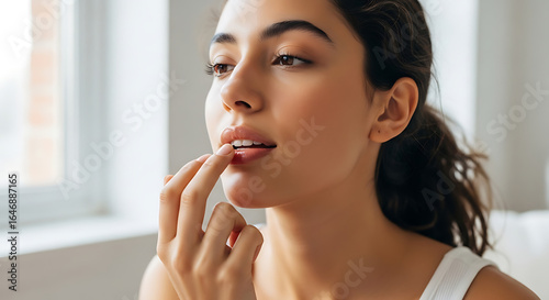 Close-up of a radiant young woman with healthy, glowing skin, gently applying hydrating lip care for soft, moisturized lips, embodying natural beauty and self-care.