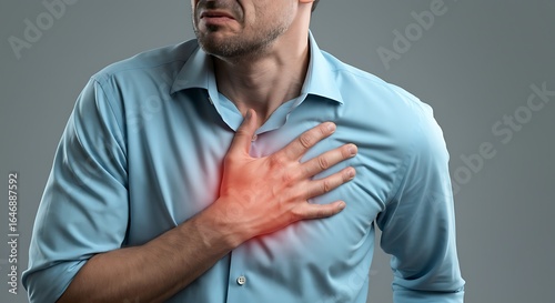 Man experiencing severe chest pain possible heart attack symptom with highlighted red area on chest and suffering expression on his face