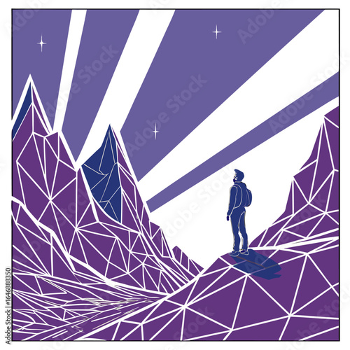 Lone explorer gazes at cosmic rays and crystalline mountains under a starry purple sky in a geometric landscape