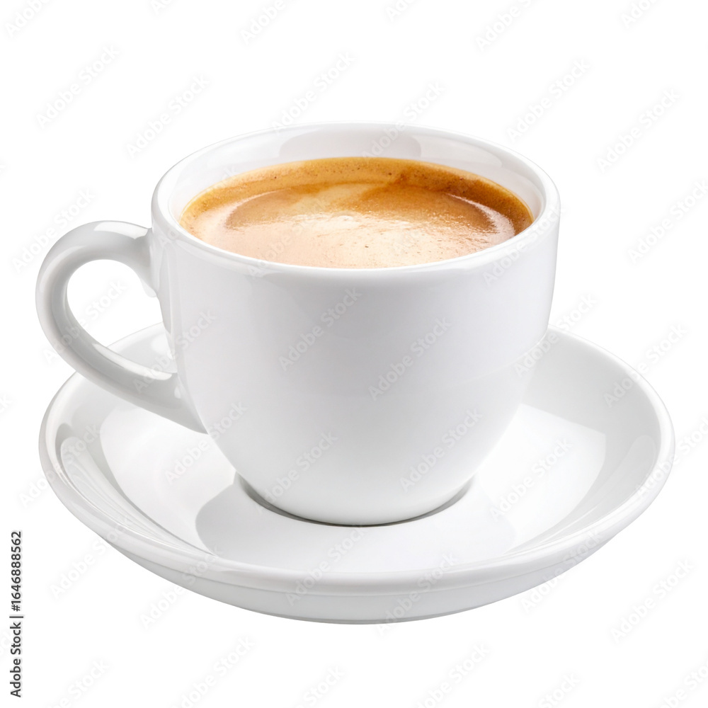 Obraz premium A fresh, hot cappuccino with a brown foamy swirl in a white mug and saucer is isolated on a clean white background