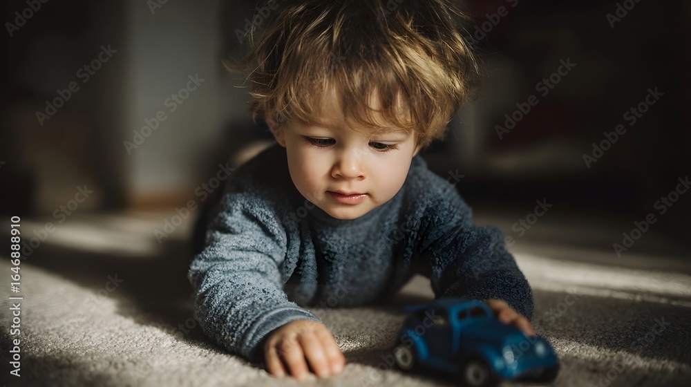 Fototapeta premium Young boy playing with toy car in warm indoor lighting