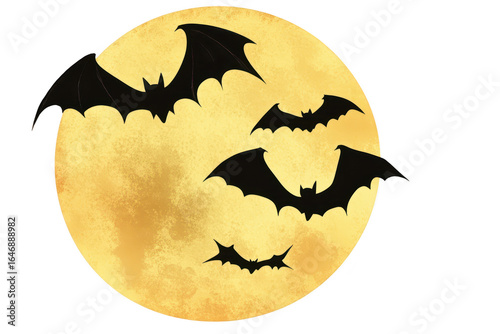 Group of flying bats silhouetted against a bright full moon, isolated on transparent background