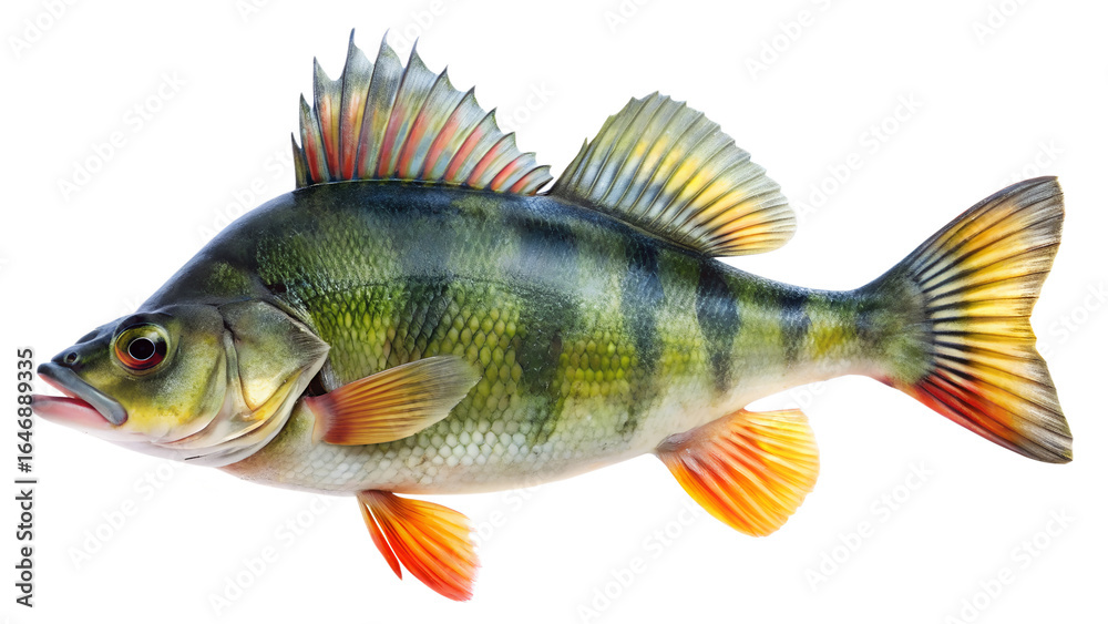 Fototapeta premium Detailed Perch Fish Illustration with Vibrant Colors and Fins on transparent background