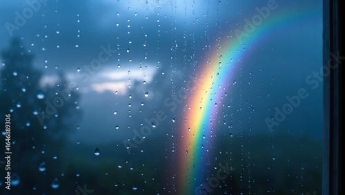 Rain-streaked window reveals a vibrant rainbow arc against a stormy sky.