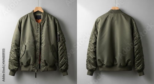 Blank olive green flight jacket mockup with front and back views, hanging on a hanger against a neutral studio background.