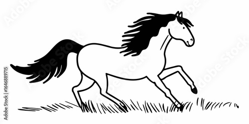 Illustration of a running horse with a flowing mane and tail in a field of grass drawing style on transparent background