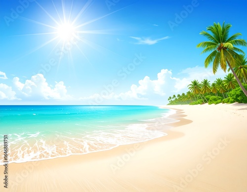 Idyllic tropical beach scene; sunny sky, turquoise water, palm trees, and soft sand