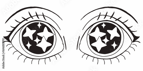 Two eyes with stars inside the pupils and eyelashes in a black and white outline illustration style on transparent background