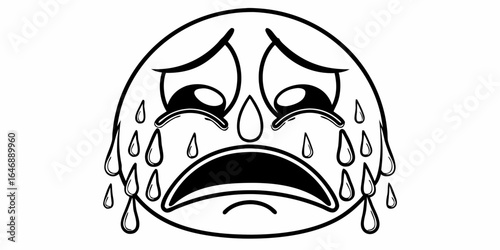 Illustration of a crying emoji with teardrops flowing from its eyes and an open mouth in black outline on transparent background