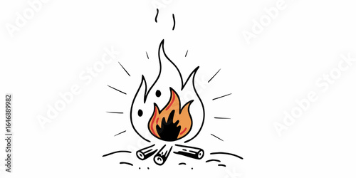 Illustration of a campfire with flames and logs on the ground in a cartoon style drawing that is simple on transparent background