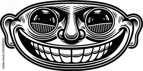 Cartoonish face with exaggerated features and a wide grin in black and white illustration style design on transparent background