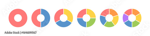 Circle division infographic icon set. Pie chart divided 3,4,5,6 equal parts. Color ring, donut round diagram. Infographic wheel segment and fraction. Vector illustration isolated on white background.