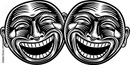 Two faces laughing hysterically with tears running down their faces in a black and white woodcut style on transparent background