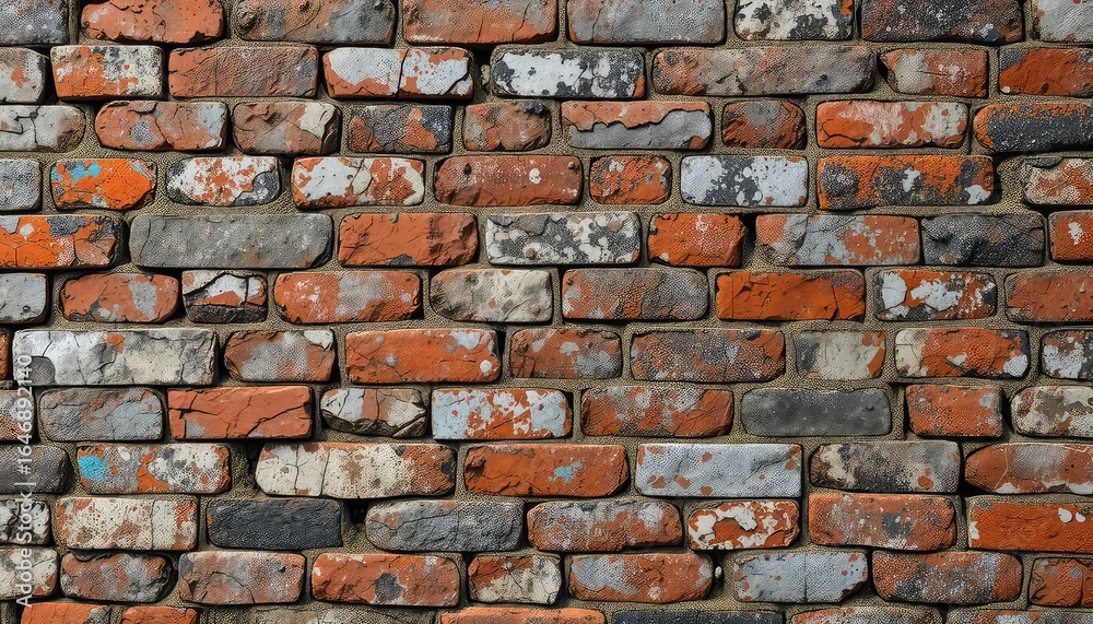 Fototapeta premium Worn brick surface with aged and weathered texture, showcasing chipped paint and crumbling mortar, creating a raw and vintage aesthetic