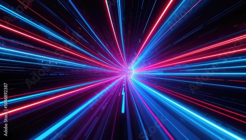 Neon illuminated geometric patterns creating a visual experience of hyperdrive through a dark tunnel with an enigmatic light at the distant end