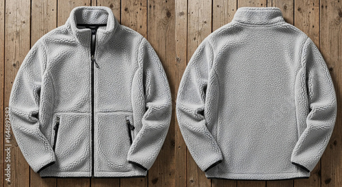 Blank light grey fleece jacket with front and back views isolated on a wooden background, a versatile outerwear mockup template.