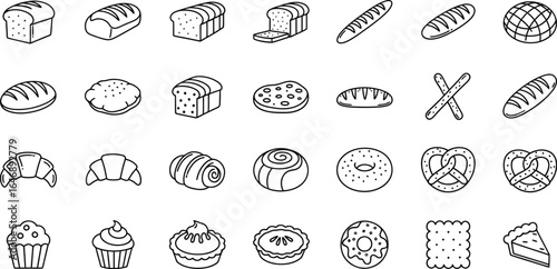 Vector icon sheet of  various bakery items, including bread, croissants, pastries, donuts, muffins, pies, cookies, and other sweet treats