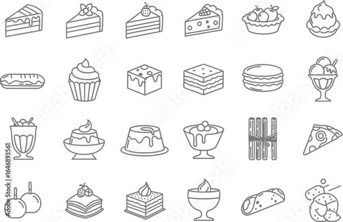 Vector icon sheet of  various cake and dessert dishes, showcasing a diverse range of culinary styles and ingredients for food lovers