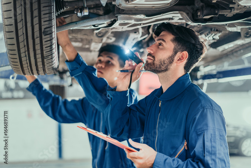 Two mechanics inspecting suspension and tire with flashlight and clipboard on lift, representing teamwork, maintenance, and repair expertise in automotive service.