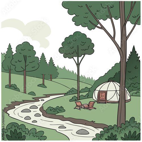 Serene woodland glamping scene with a yurt lounge chairs and a babbling brook in a picturesque natural landscape