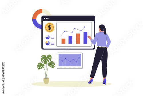 Woman Analyzing Financial Dashboard and Data Illustration. Vector Flat Illustration