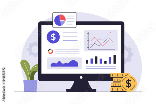 Financial Dashboard on Computer Screen Illustration. Vector Flat Illustration