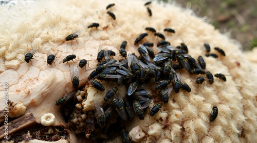 Flocks of Sheep blowfly (Lucilia sericata) feed and lay eggs on the carcass of a sheep (distemper). Fly larvae eat the rotting corpse, decomposers. Picture a la Baudelaire