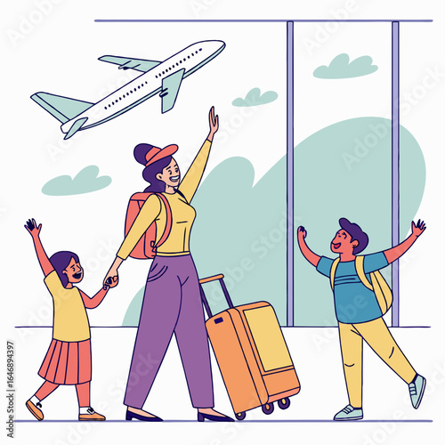 A mother with two children waves goodbye to an airplane taking off at the airport.