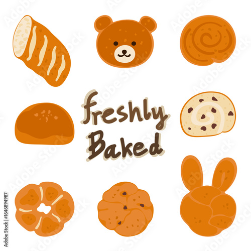 Cute vector set of bread, pastries and cakes with the text "Freshly Baked". Flat design, isolated on white. Perfect for bakery menu, coffee shop decor, desserts, recipes and food packaging design.