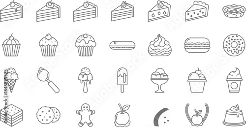 Vector icon sheet of  dessert icons a vector set of cake and sweet illustrations in line art style, perfect for graphic design projects