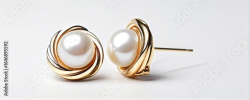 Elegant Pearl and Gold Earrings on White Background