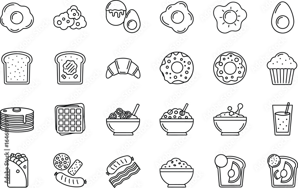 Fototapeta premium Vector icon sheet of breakfast food icons featuring eggs, toast, pancakes, waffles, and other morning meal staples for a delicious start to the day