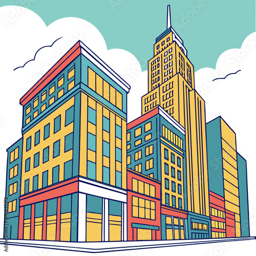 Vibrant city skyline featuring a tall skyscraper and colorful buildings under a bright sky with fluffy clouds and flying birds
