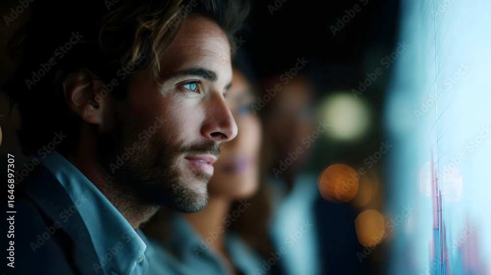 Fototapeta premium Business team analyzing market trends with sharp screen lighting